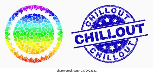 Dotted rainbow gradiented round seal template mosaic pictogram and Chillout stamp. Blue vector rounded grunge stamp with Chillout phrase. Vector composition in flat style.