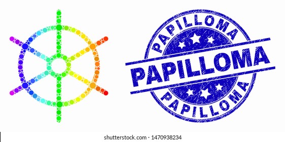 Dotted rainbow gradiented ship rule wheel mosaic pictogram and Papilloma seal. Blue vector rounded grunge seal stamp with Papilloma message. Vector composition in flat style.