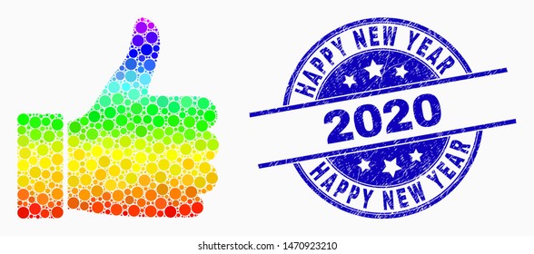 Dotted rainbow gradiented thumb up mosaic icon and Happy New Year 2020 stamp. Blue vector round distress seal stamp with Happy New Year 2020 caption. Vector combination in flat style.