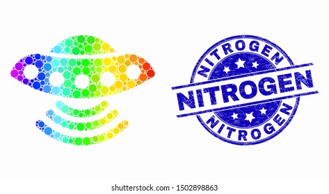 Dotted rainbow gradiented UFO mosaic pictogram and Nitrogen seal stamp. Blue vector round scratched seal with Nitrogen caption. Vector combination in flat style.