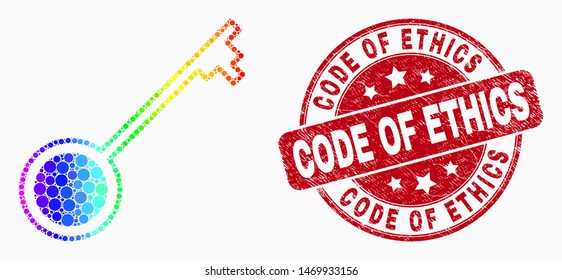 Dotted rainbow key mosaic pictogram and Code of Ethics stamp. Red vector rounded grunge stamp with Code of Ethics phrase. Vector composition in flat style.