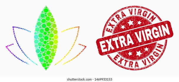 Dotted rainbow lotus mosaic icon and Extra Virgin seal stamp. Red vector rounded grunge stamp with Extra Virgin text. Vector collage in flat style.