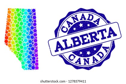 Dotted rainbow map of Alberta Province and blue grunge round stamp seal. Vector geographic map in bright rainbow gradient colors on a white background.