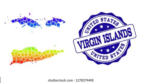 Dotted rainbow map of American Virgin Islands and blue grunge round stamp seal. Vector geographic map in bright spectrum gradient colors on a white background.