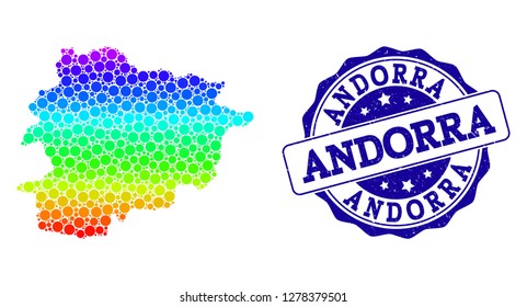 Dotted rainbow map of Andorra and blue grunge round stamp seal. Vector geographic map in bright rainbow gradient colors on a white background.