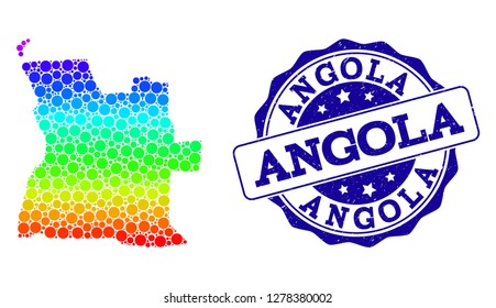 Dotted rainbow map of Angola and blue grunge round stamp seal. Vector geographic map in bright rainbow gradient colors on a white background.