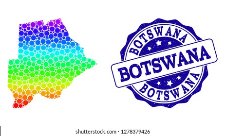 Dotted rainbow map of Botswana and blue grunge round stamp seal. Vector geographic map in bright rainbow gradient colors on a white background.