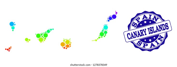 Dotted rainbow map of Canary Islands and blue grunge round stamp seal. Vector geographic map in bright rainbow gradient colors on a white background.