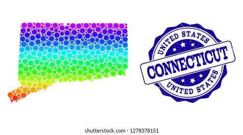 Dotted rainbow map of Connecticut State and blue grunge round stamp seal. Vector geographic map in bright rainbow gradient colors on a white background.
