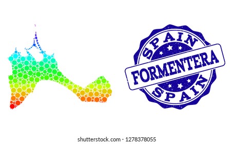 Dotted rainbow map of Formentera Island and blue grunge round stamp seal. Vector geographic map in bright rainbow gradient colors on a white background.