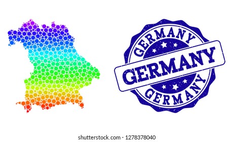 Dotted rainbow map of Germany and blue grunge round stamp seal. Vector geographic map in bright rainbow gradient colors on a white background.