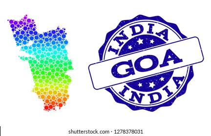 Dotted rainbow map of Goa State and blue grunge round stamp seal. Vector geographic map in bright rainbow gradient colors on a white background.