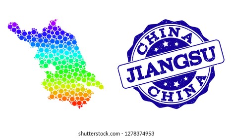 Dotted rainbow Map of Jiangsu Province and blue grunge round stamp seal. Vector geographic map in bright rainbow gradient colors on a white background.