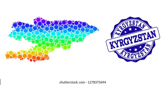 Dotted rainbow map of Kyrgyzstan and blue grunge round stamp seal. Vector geographic map in bright rainbow gradient colors on a white background.