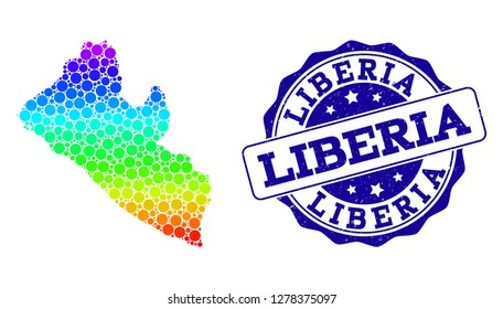 Dotted rainbow map of Liberia and blue grunge round stamp seal. Vector geographic map in bright rainbow gradient colors on a white background.