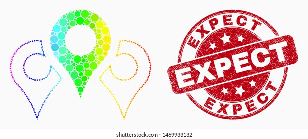 Dotted rainbow map markers mosaic icon and Expect stamp. Red vector rounded grunge seal stamp with Expect title. Vector combination in flat style.