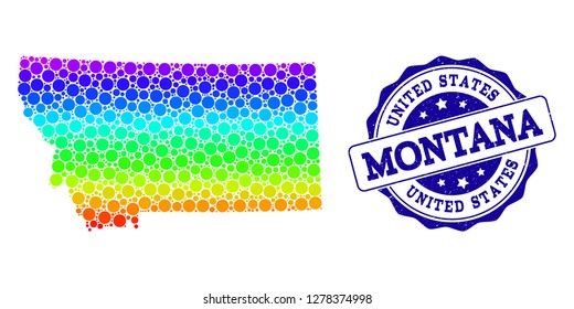 Dotted rainbow map of Montana State and blue grunge round stamp seal. Vector geographic map in bright rainbow gradient colors on a white background.