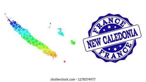 Dotted rainbow map of New Caledonia and blue grunge round stamp seal. Vector geographic map in bright spectrum gradient colors on a white background.