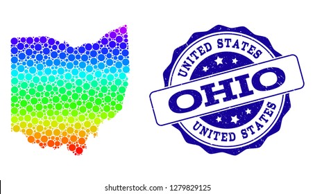 Dotted rainbow map of Ohio State and blue grunge round stamp seal. Vector geographic map in bright rainbow gradient colors on a white background.