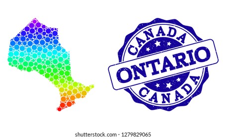 Dotted rainbow map of Ontario Province and blue grunge round stamp seal. Vector geographic map in bright rainbow gradient colors on a white background.