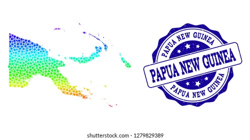 Dotted rainbow map of Papua New Guinea and blue grunge round stamp seal. Vector geographic map in bright rainbow gradient colors on a white background.