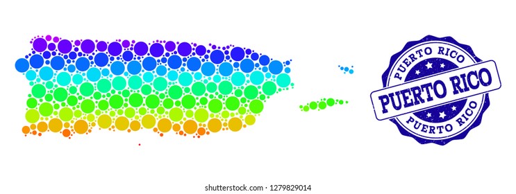 Dotted rainbow map of Puerto Rico and blue grunge round stamp seal. Vector geographic map in bright rainbow gradient colors on a white background.