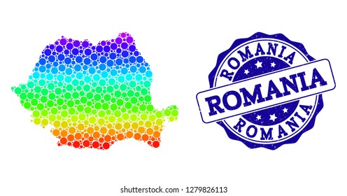 Dotted rainbow map of Romania and blue grunge round stamp seal. Vector geographic map in bright rainbow gradient colors on a white background.