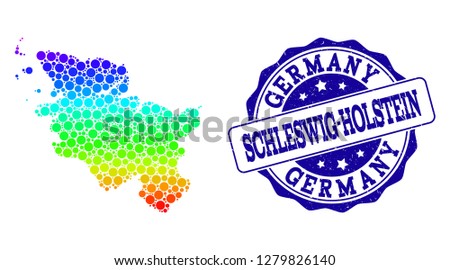 Dotted rainbow map of Schleswig-Holstein State and blue grunge round stamp seal. Vector geographic map in bright rainbow gradient colors on a white background.