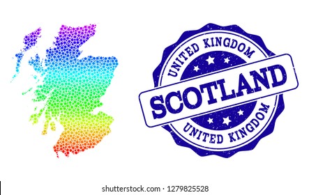 Dotted rainbow map of Scotland and blue grunge round stamp seal. Vector geographic map in bright rainbow gradient colors on a white background.