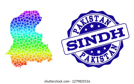Dotted rainbow map of Sindh Province and blue grunge round stamp seal. Vector geographic map in bright rainbow gradient colors on a white background.