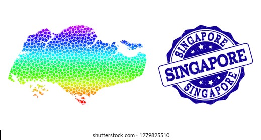 Dotted rainbow map of Singapore and blue grunge round stamp seal. Vector geographic map in bright rainbow gradient colors on a white background.