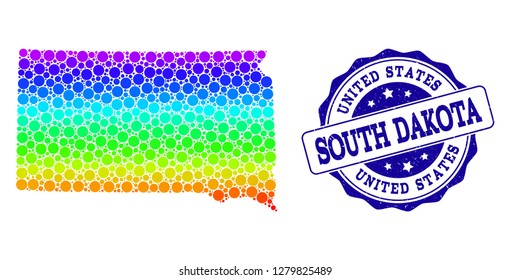Dotted rainbow map of South Dakota State and blue grunge round stamp seal. Vector geographic map in bright rainbow gradient colors on a white background.