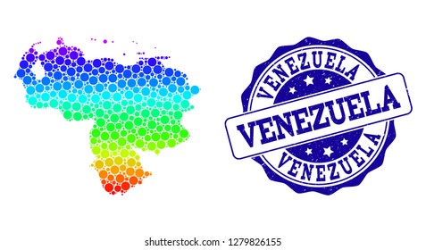 Dotted rainbow map of Venezuela and blue grunge round stamp seal. Vector geographic map in bright rainbow gradient colors on a white background.