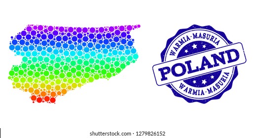Dotted rainbow map of Warmia-Masuria Province and blue grunge round stamp seal. Vector geographic map in bright rainbow gradient colors on a white background.