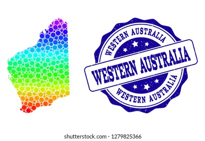 Dotted rainbow map of Western Australia and blue grunge round stamp seal. Vector geographic map in bright rainbow gradient colors on a white background.