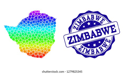 Dotted rainbow map of Zimbabwe and blue grunge round stamp seal. Vector geographic map in bright rainbow gradient colors on a white background.