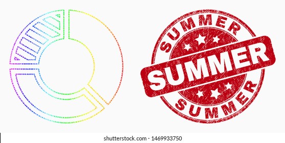 Dotted rainbow pie chart mosaic pictogram and Summer seal stamp. Red vector round grunge stamp with Summer phrase. Vector collage in flat style.