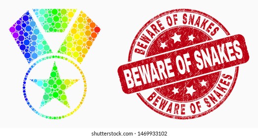 Dotted rainbow star award mosaic pictogram and Beware of Snakes seal stamp. Red vector round grunge seal stamp with Beware of Snakes caption. Vector composition in flat style.