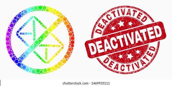 Dotted rainbow stop letter mosaic pictogram and Deactivated seal stamp. Red vector round distress seal with Deactivated title. Vector combination in flat style.