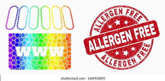 Dotted rainbow web shop mosaic pictogram and Allergen Free stamp. Red vector rounded textured watermark with Allergen Free phrase. Vector collage in flat style.