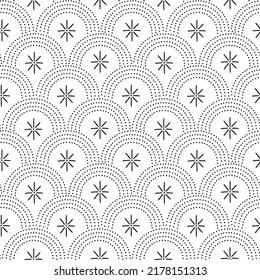 Dotted rainbows arched geometric monochrome vector seamless pattern. Boho abstract arcs and stars background. African mud cloth inspired surface design for home decor.