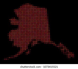 Dotted red halftone Alaska Map. Vector territory map in red color tints on a black background. Vector halftone concept of Alaska Map done of circle elements.