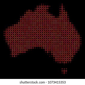 Dotted red halftone Australia Map. Vector geographical map in red color tones on a black background. Vector halftone concept of Australia Map composed of small spheres.