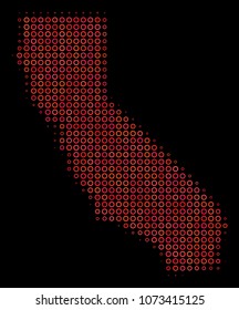 Dotted red halftone California Map. Vector geographic map in red color tinges on a black background. Vector halftone concept of California Map composed of circle spots.