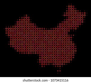 Dotted red halftone China Map. Vector geographic map in red color shades on a black background. Vector halftone pattern of China Map organized of empty circles.