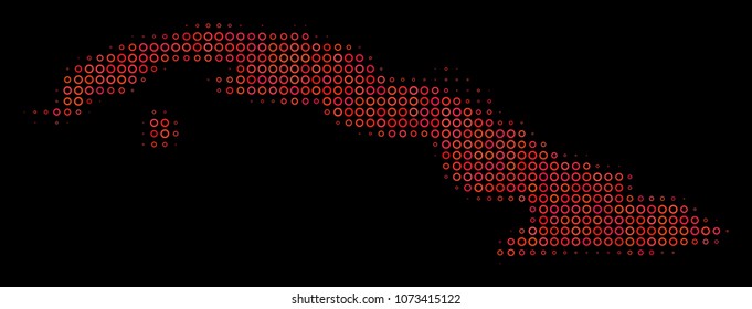 Dotted red halftone Cuba Map. Vector geographic map in red color shades on a black background. Vector halftone collage of Cuba Map composed of spheric elements.