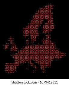 Dotted red halftone European Union Map. Vector geographic map in red color variations on a black background. Vector halftone concept of European Union Map constructed of empty spheres.
