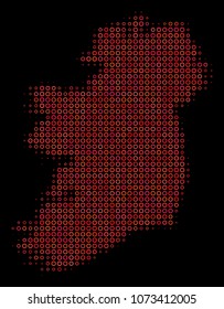 Dotted red halftone Ireland Island Map. Vector territorial map in red color shades on a black background. Vector halftone mosaic of Ireland Island Map designed of spheric dots.