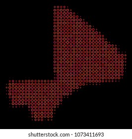 Dotted red halftone Mali Map. Vector geographic map in red color variations on a black background. Vector halftone pattern of Mali Map made of circle points.