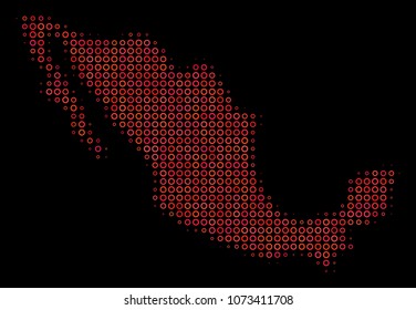 Dotted red halftone Mexico Map. Vector geographic map in red color shades on a black background. Vector halftone collage of Mexico Map combined of empty spheres.